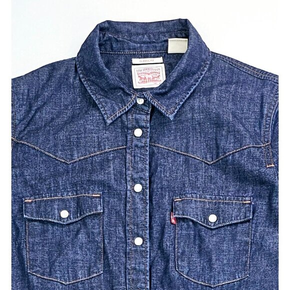 Levi's Classic Size Small Women Blue Pearl Snap Logo Tag Long Sleeve Denim Shirt - Picture 11 of 13